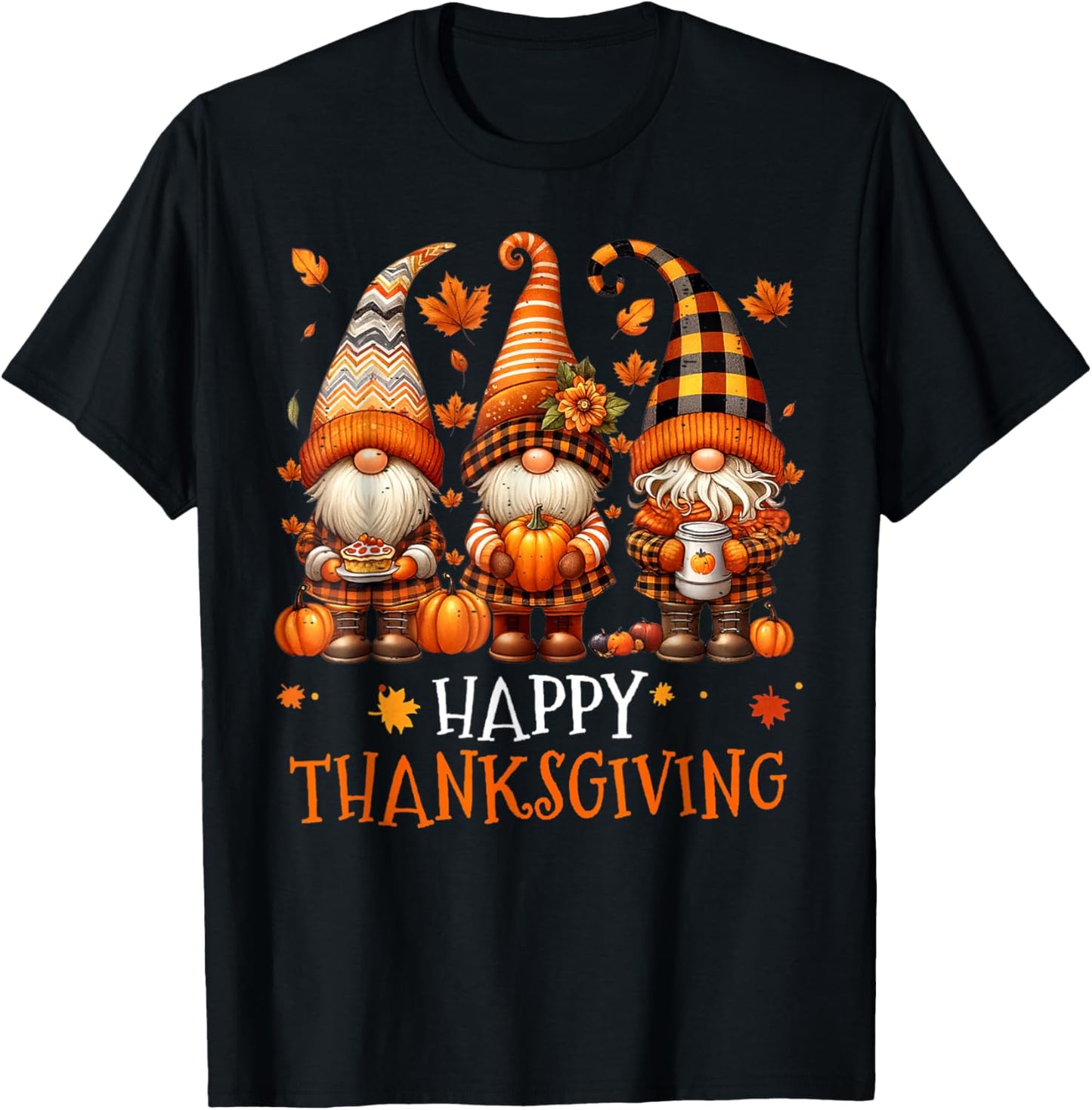 Three Gnomes Happy Thanksgiving Autumn Fall Pumpkin Spice T-Shirt - T-Shirt | Black