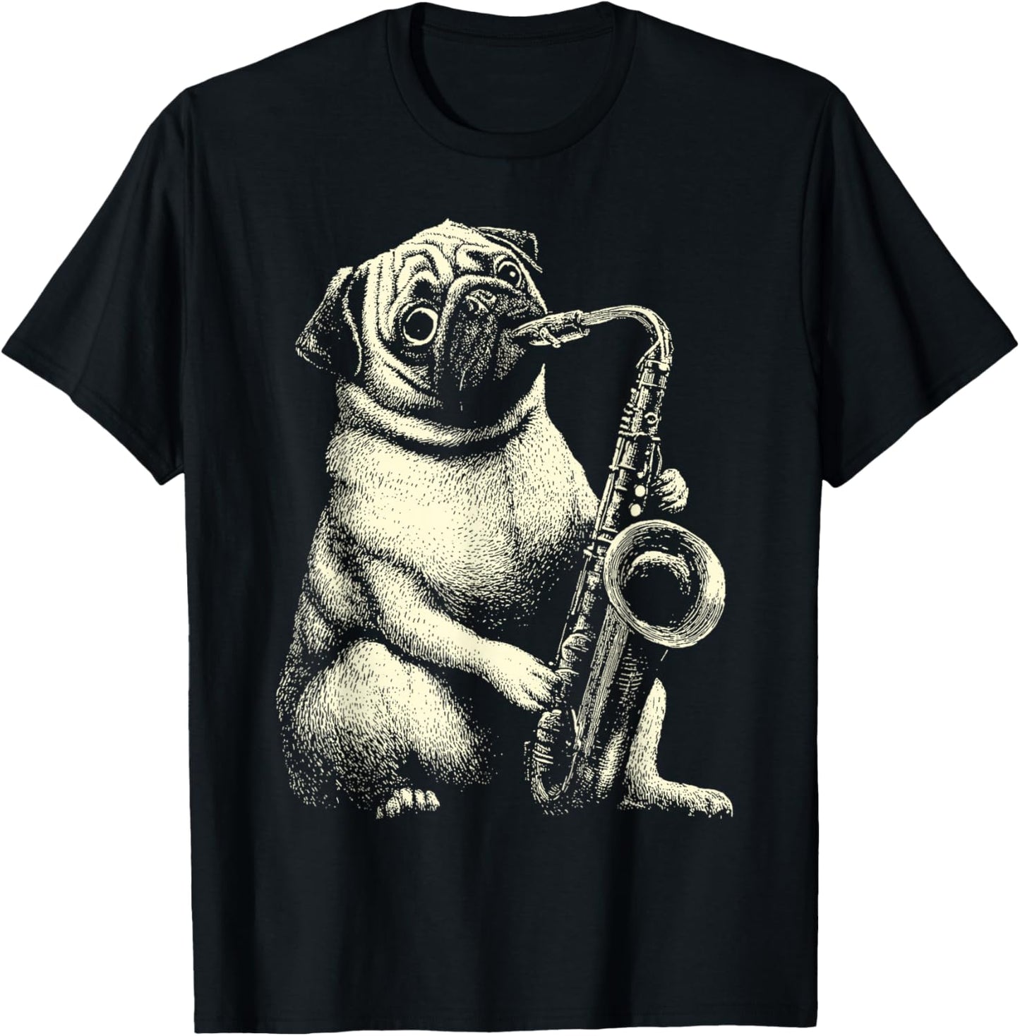 Cute Pug Playing Saxophone Player Funny Jazz Musician Dog T-Shirt - T-Shirt | Black