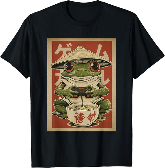 Japanese Gamer Frog Art Men Women Boys Funny Vintage Gaming T-Shirt - T-Shirt | Black