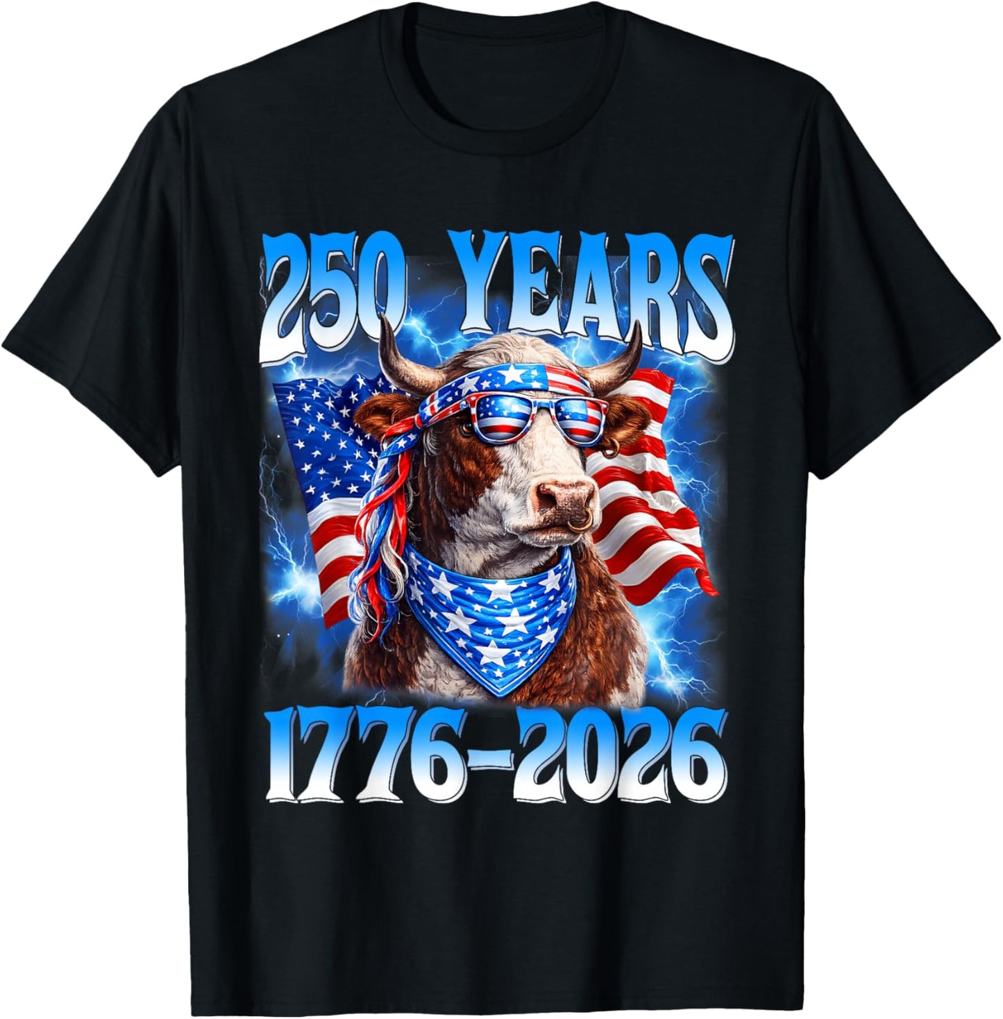 250 Year American 1776 2026 250th USA Cow Patriotic 4th July T-Shirt - T-Shirt | Black