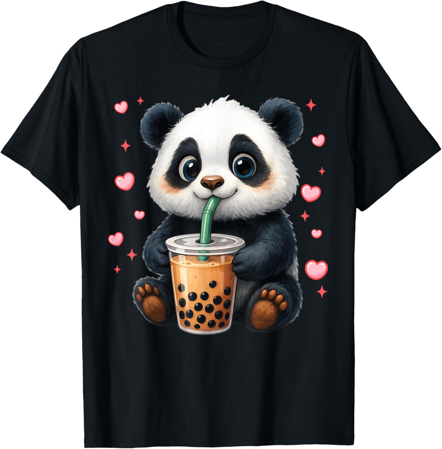 Cute Funny Panda Drink Boba Tea Heart Girl Boy Kid Toddler T-Shirt - T-Shirt | Black
