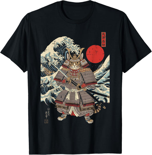Japanese Wave Samurai Cat Warrior Ukiyo-e Art Men Women Kids T-Shirt - T-Shirt | Black