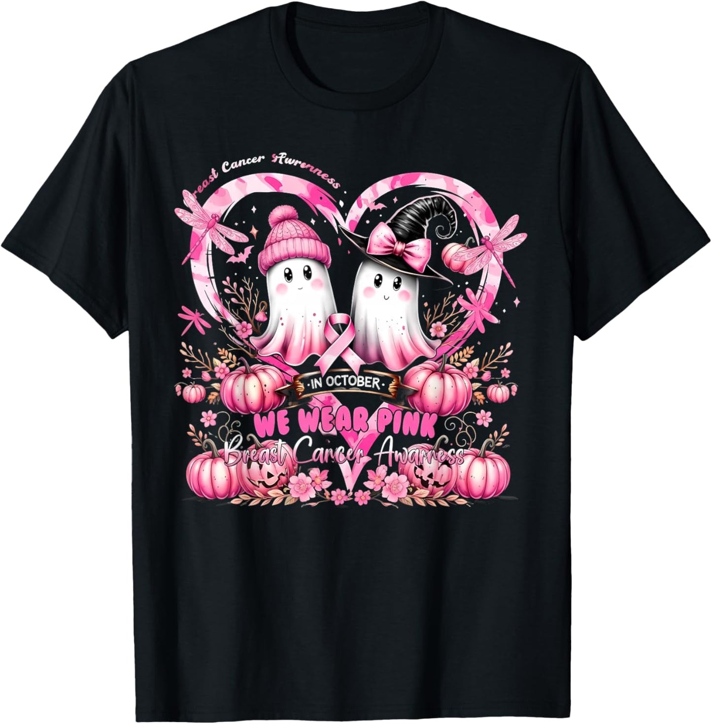 in October We Wear Pink Breast Cancer Heart Dragonflies T-Shirt - T-Shirt | Black