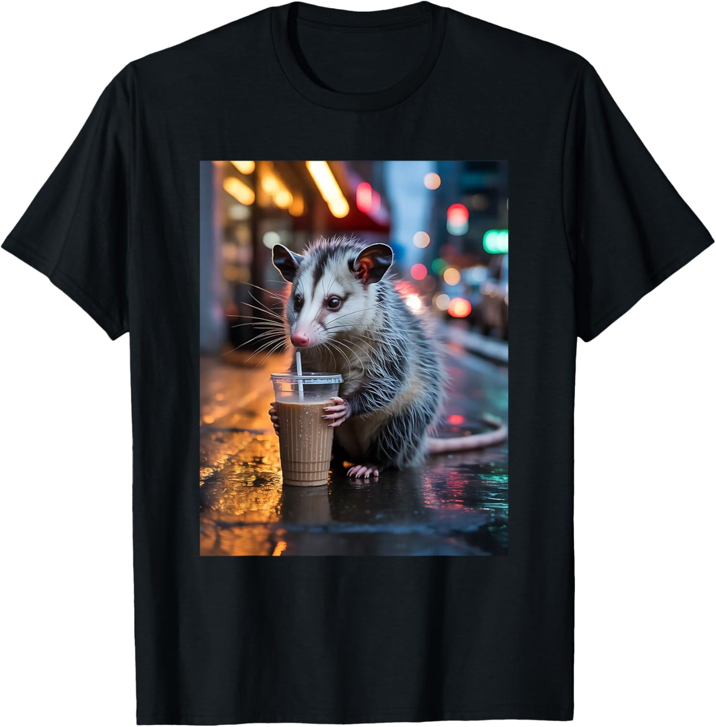 Night Shift Opossum with Iced Coffee Urban Mood T-Shirt - T-Shirt | Black
