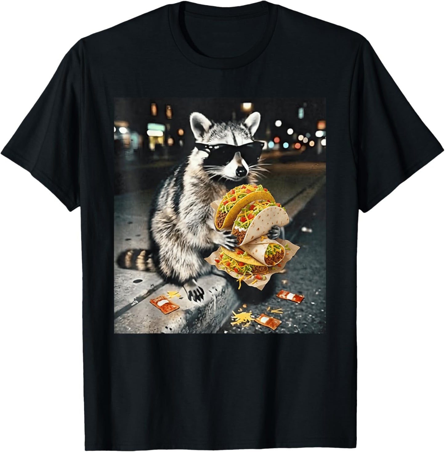 Cool Raccoon in Sunglasses Eating Tacos Street Food Animal T-Shirt - T-Shirt | Black