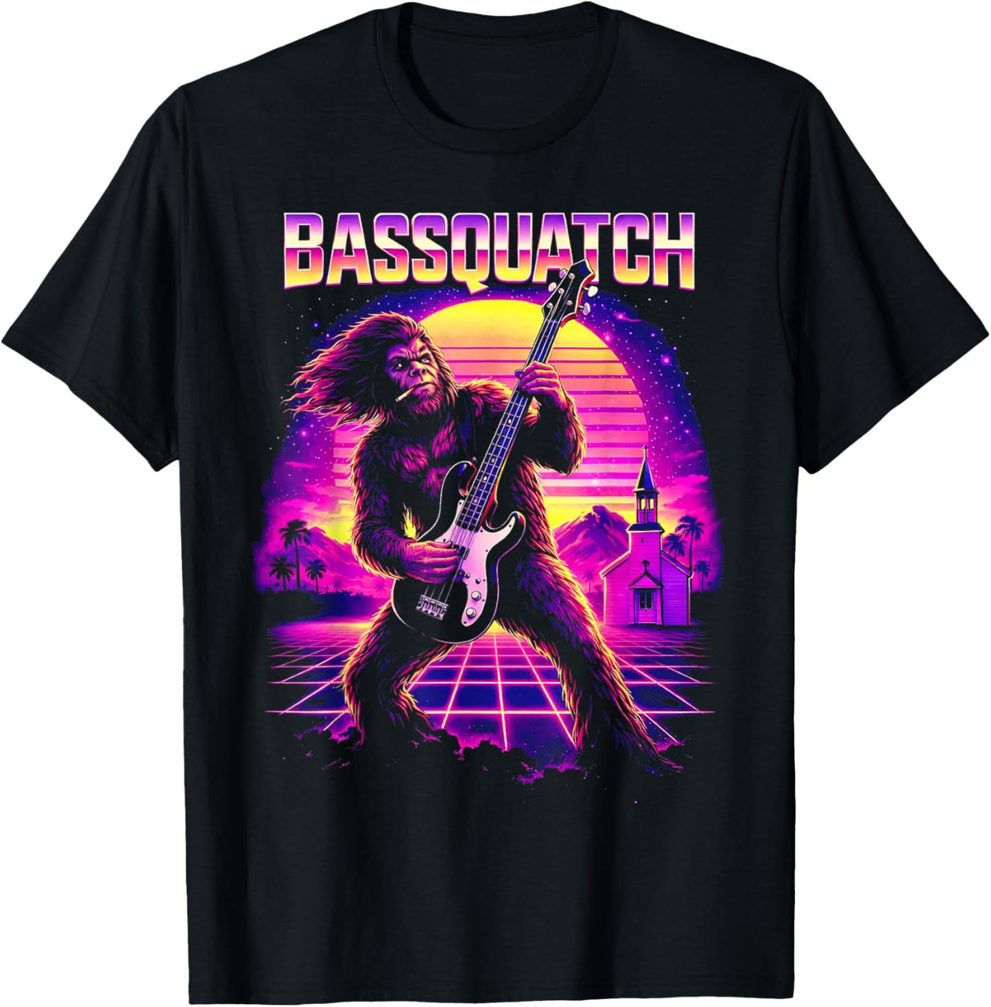 Bassquatch, Synthwave Bigfoot Bass Guitar Sasquatch T-Shirt - T-Shirt | Black