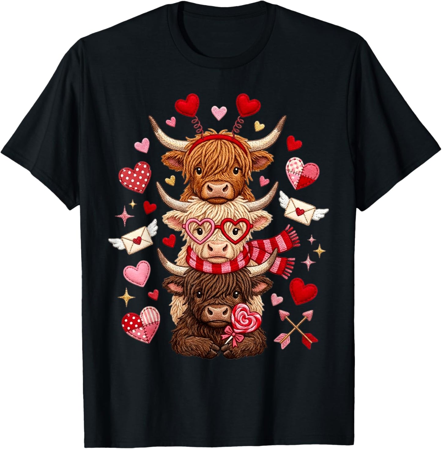 Scottish Cute Western Valentine Highland Cows with Hearts T-Shirt - T-Shirt | Black