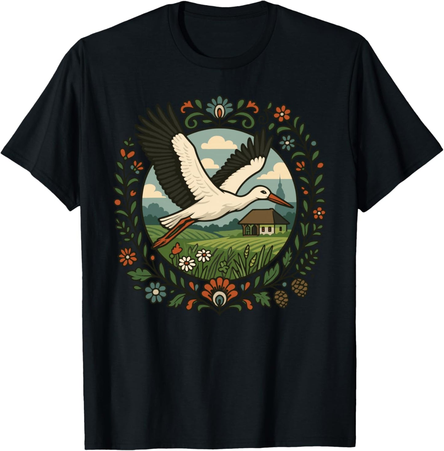 Folk Stork Flying Polish Village Nature Flower Art T-Shirt - T-Shirt | Black