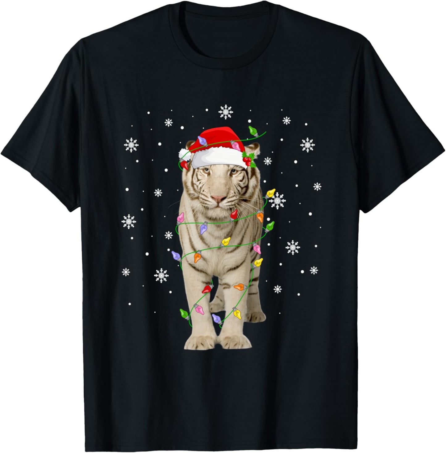 White Tiger Christmas Lights Funny Santa Animal Lover Xmas T-Shirt - T-Shirt | Black