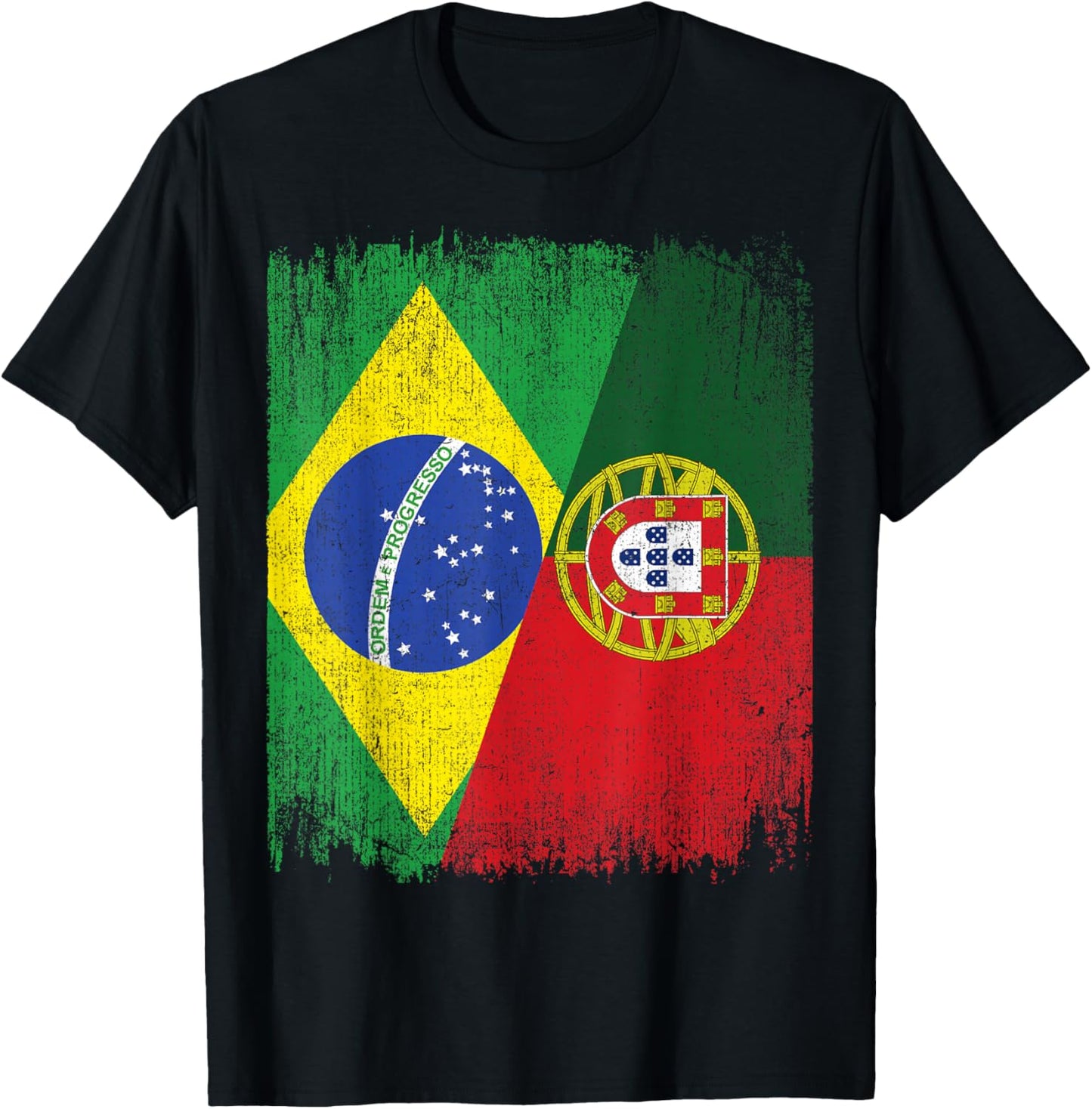 Half Brazil Portugal Split Flag Brazilian Portuguese Roots T-Shirt - T-Shirt | Black