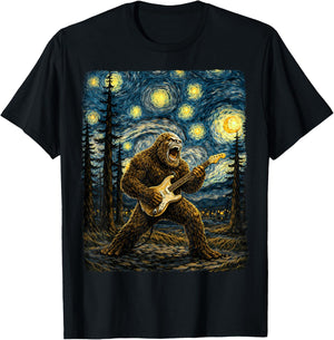 Bigfoot Playing Guitar in Starry Night Van Gogh Graphic T-Shirt - T-Shirt | Black