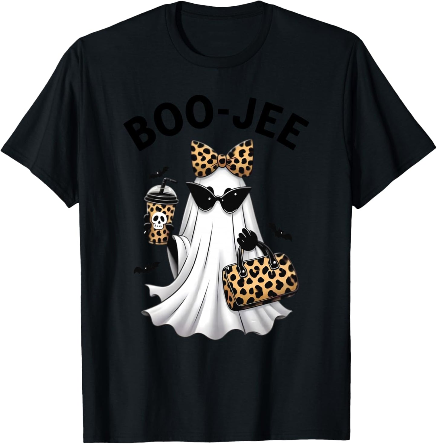 Boo-JEE Halloween Boujee Ghost Coquette Leopard Ghost Coffee T-Shirt - T-Shirt | Black