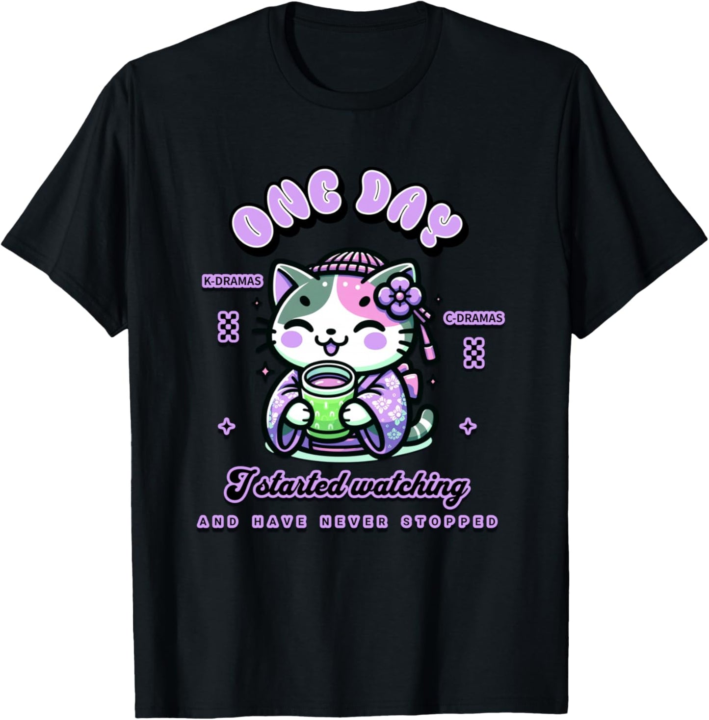 Cute Cat Watching K-Dramas and C-Dramas T-Shirt - T-Shirt | Black