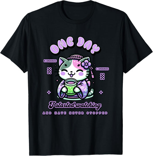 Cute Cat Watching K-Dramas and C-Dramas T-Shirt - T-Shirt | Black