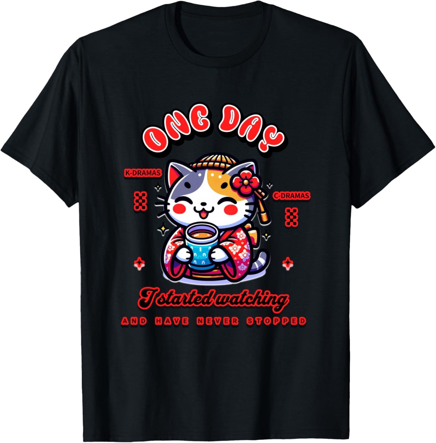 Cute Cat Watching K-Dramas and C-Dramas T-Shirt - T-Shirt | Black