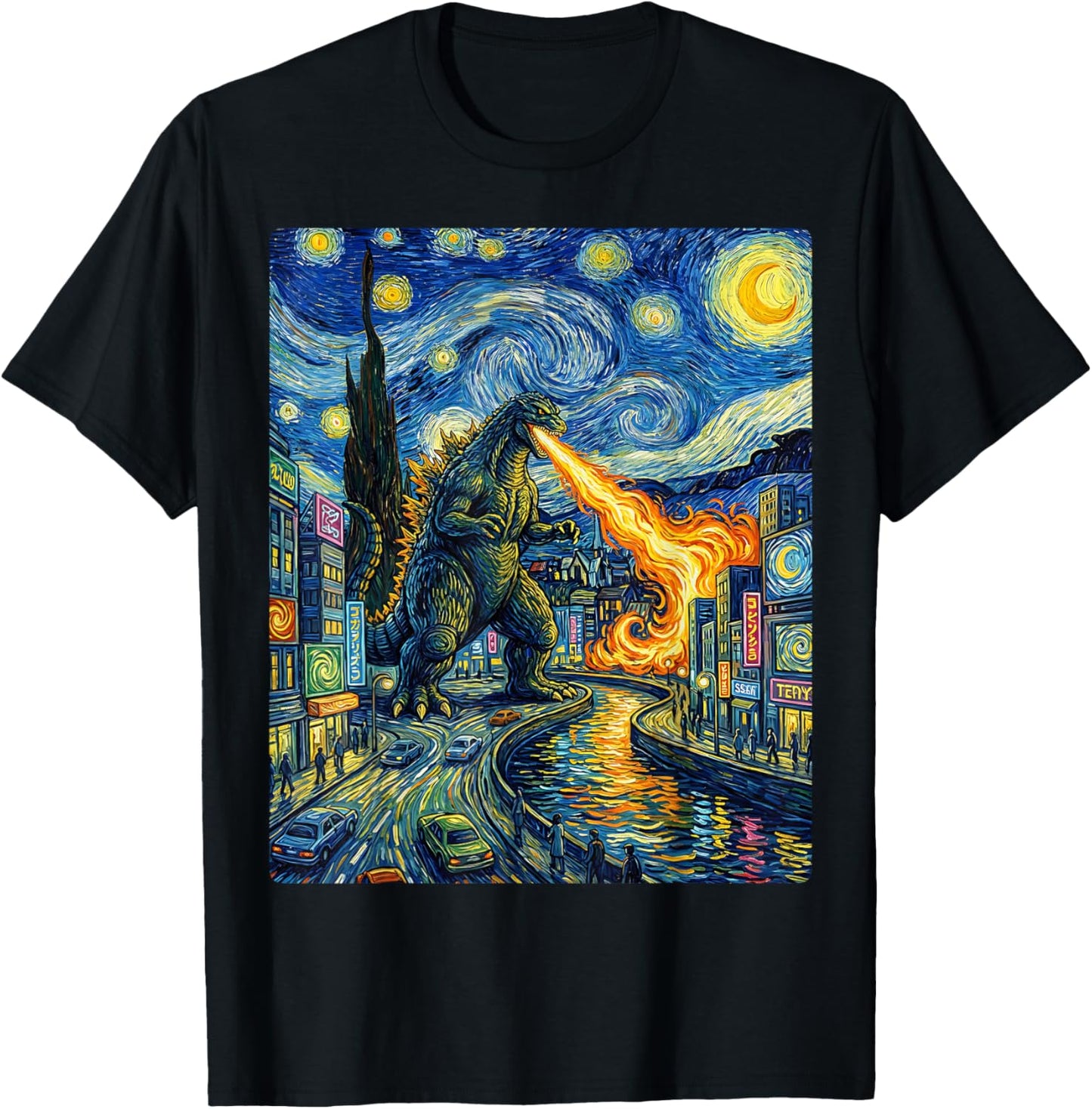 Kaiju Monster Japanese Vangogh starrynight City Vintage T-Shirt - T-Shirt | Black