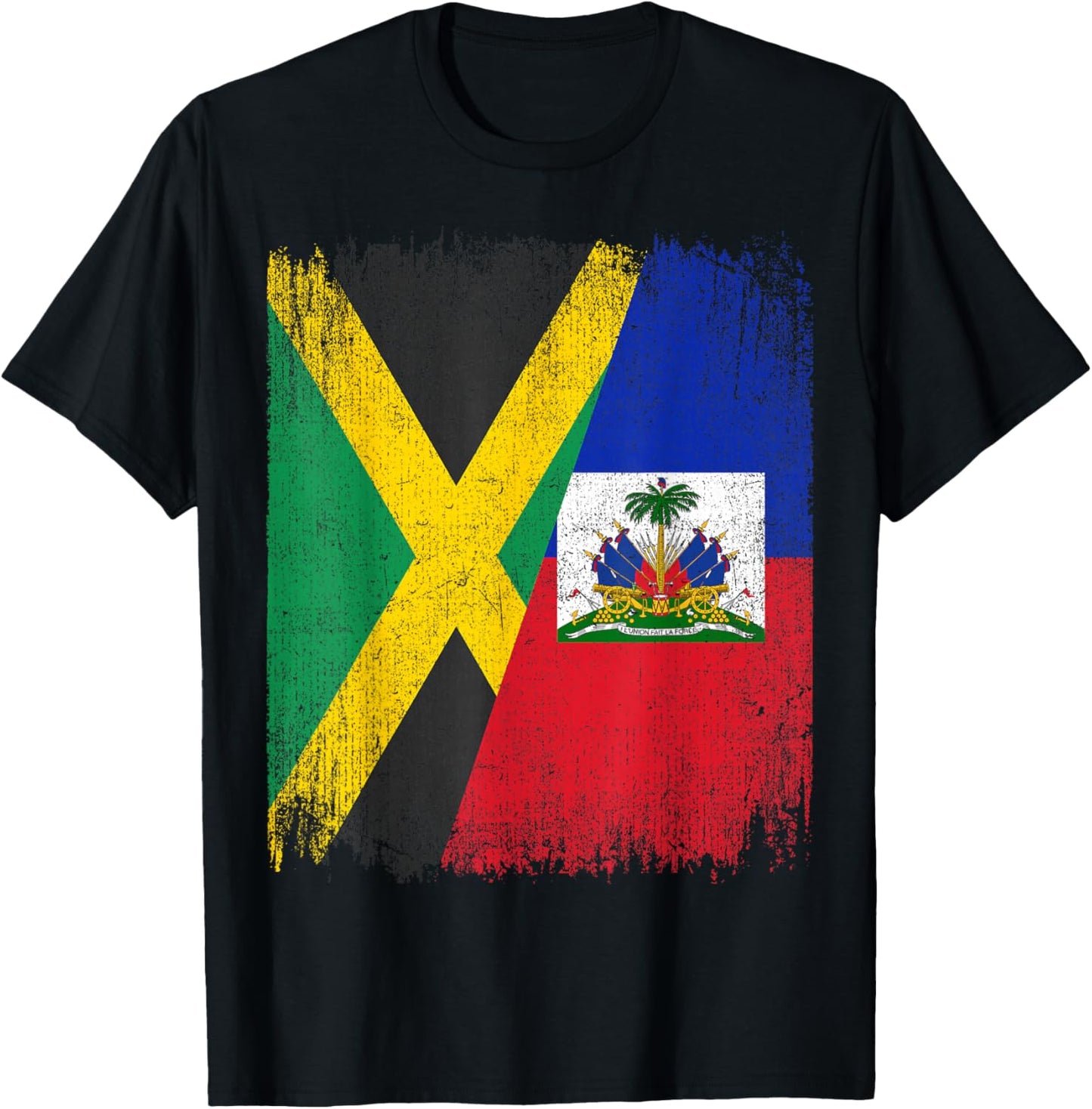 Half Jamaica Haiti Flag Jamaican Haitian Pride Roots T-Shirt - T-Shirt | Black