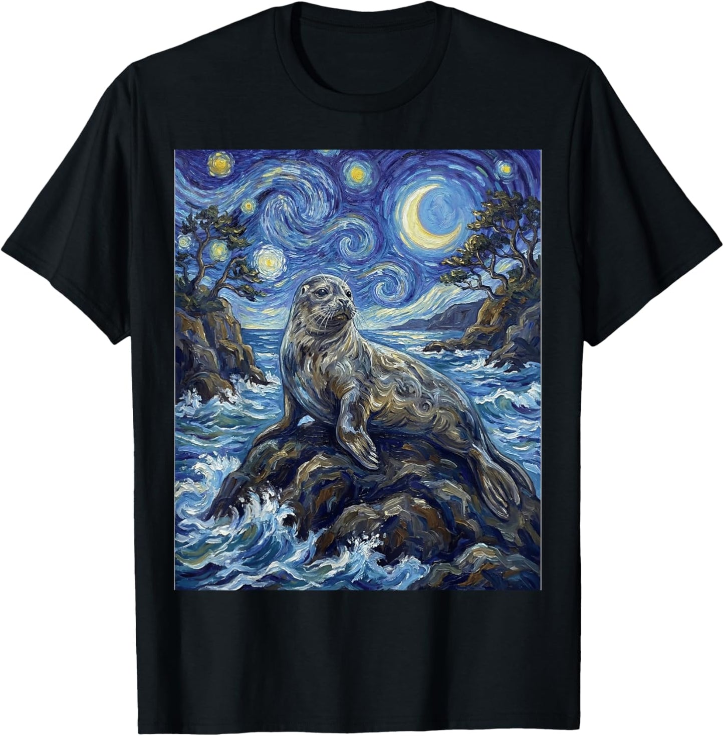 Seal Starry Night Art Painting Style Seal Sea Lion T-Shirt - T-Shirt | Black