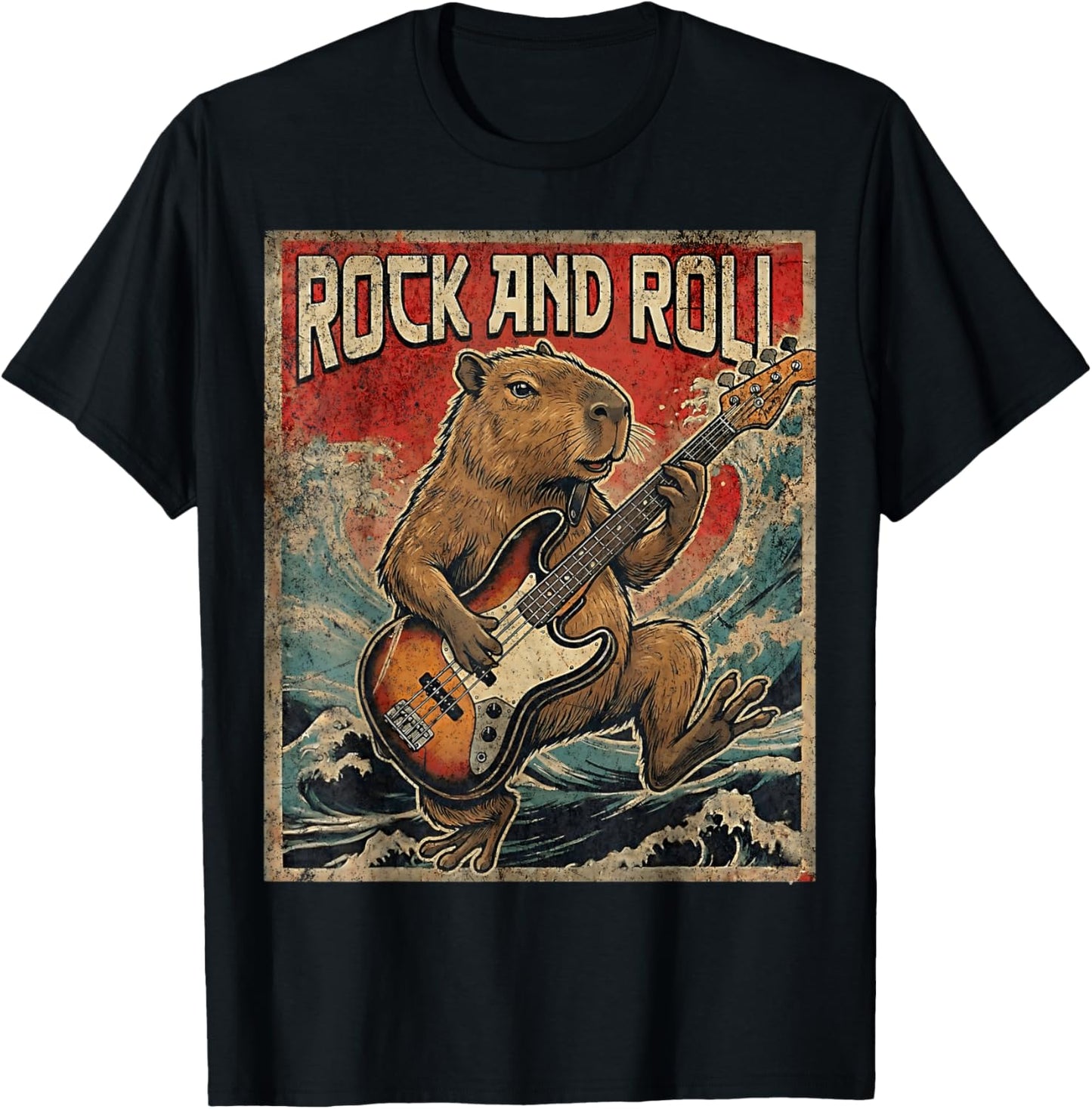Capybara Playing Guitar Rock On Vintage Guitarist Capybara T-Shirt - T-Shirt | Black