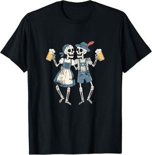 Funny Oktoberfest Skeleton Couple Drinking Beer Humor Prost T-Shirt - T-Shirt | Black
