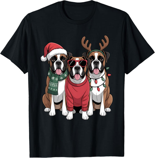 Boxer Dogs Christmas Santa Hat Xmas Boxer Dog Lover Holiday T-Shirt - T-Shirt | Black