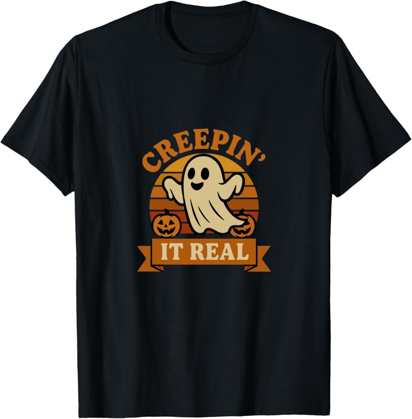 Creepin It Real Retro Ghost Funny Halloween Design T-Shirt - T-Shirt | Black