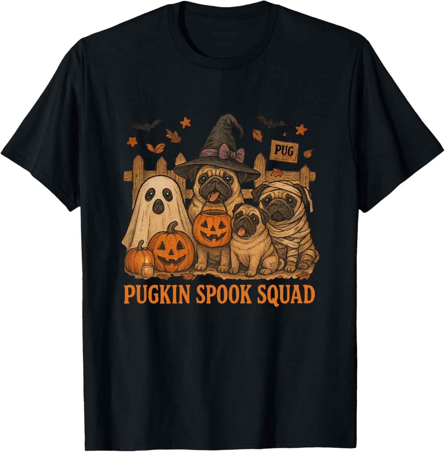 Pugkin Spook Squad Cute Pug Halloween Spooky Ghost Pumpkin T-Shirt - T-Shirt | Black