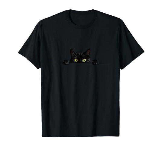 Black Kitten with Yellow Eyes Peeking Cute Design T-Shirt