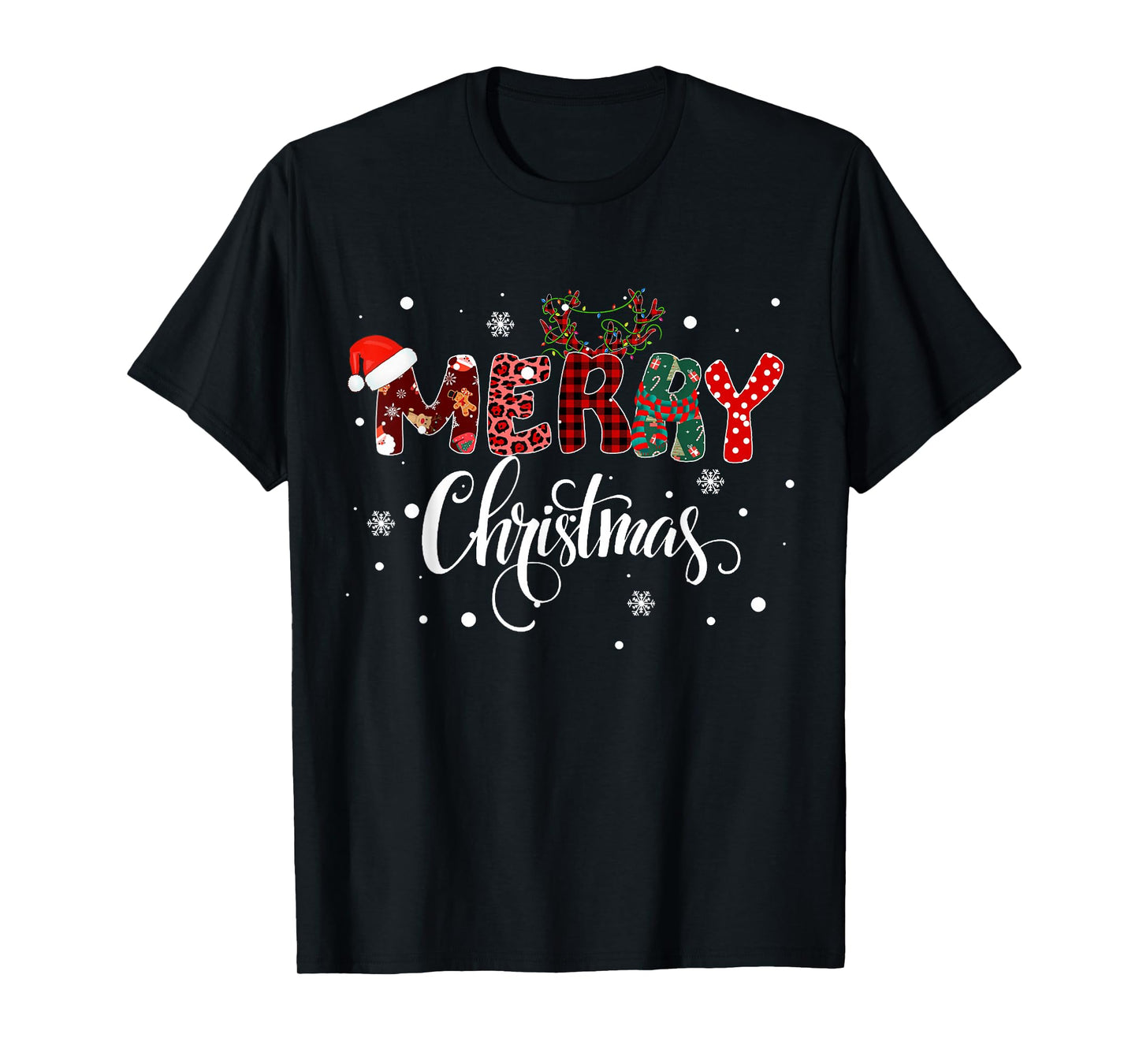 Merry Christmas Lights Red Santa Hat Xmas Family Men Women T-Shirt