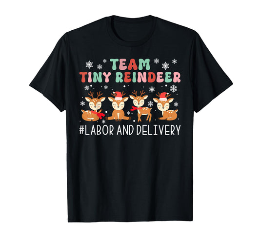Groovy Team Tiny Reindeer Labor & Delivery Nurse Christmas T-Shirt