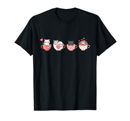 Kawaii Cat Cute Valentine Hearts Teacup Kitty T-Shirt