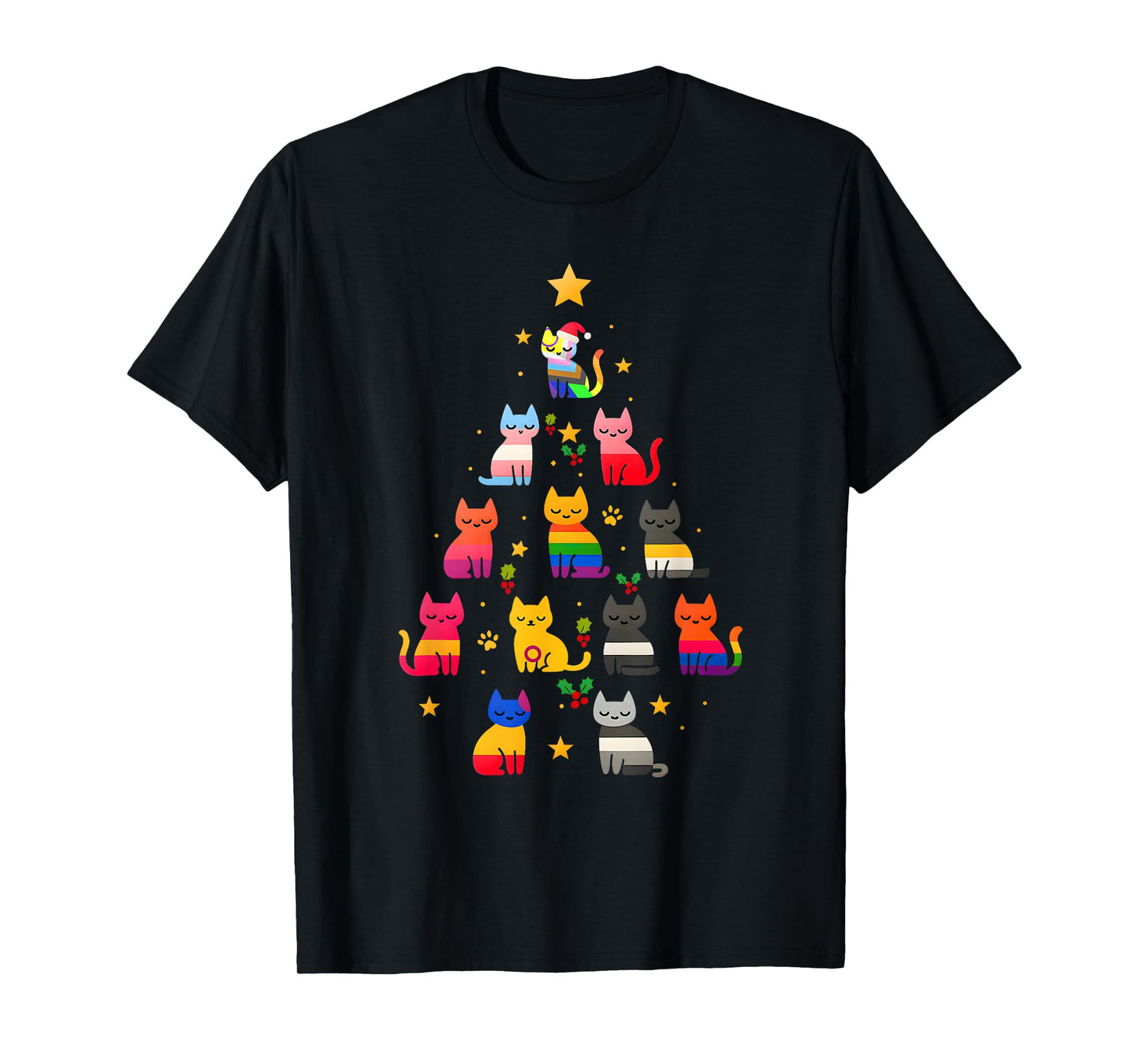 Pride Cat Christmas Tree LGBTQ Rainbow Cats Apparel T-Shirt