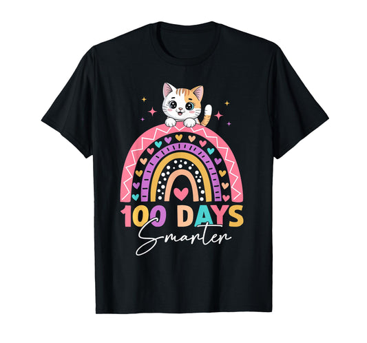 Rainbow 100 Days Smarter Cat Happy 100th Day of School Kids T-Shirt