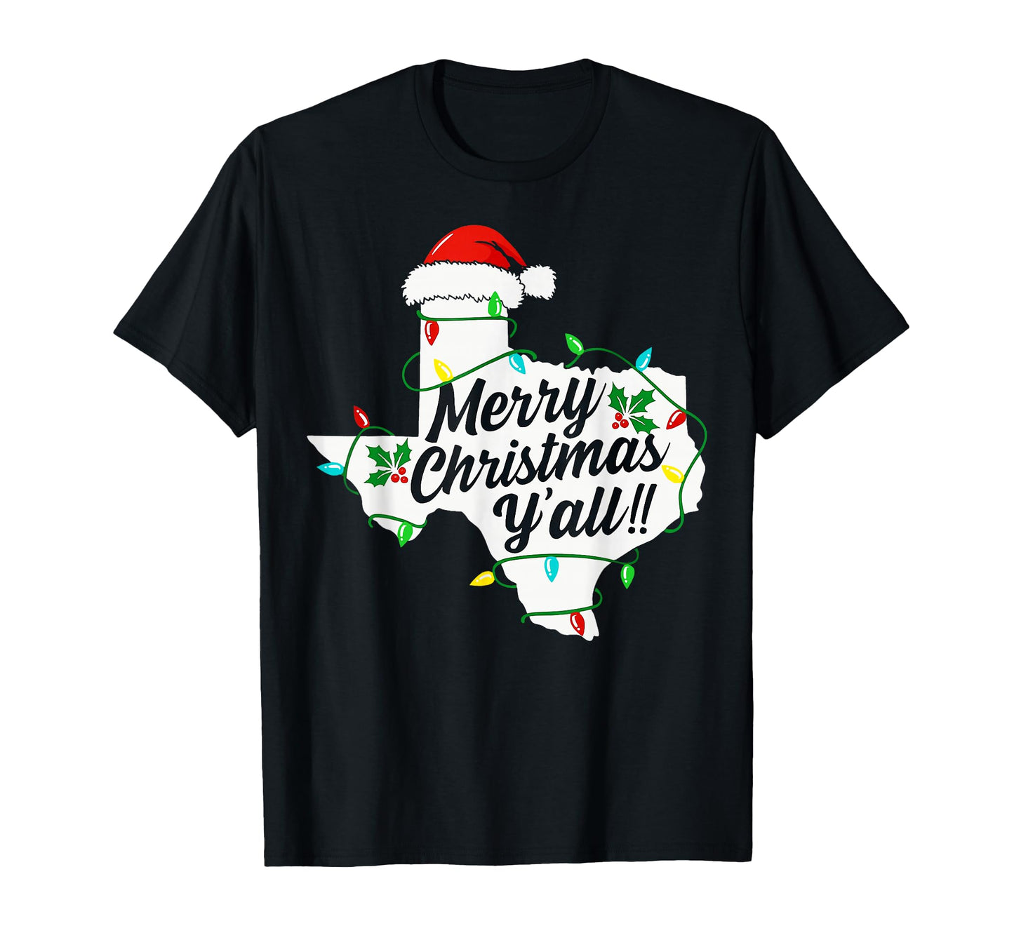 Funny Texas Merry Christmas Y'all State Santa Hat Lights T-Shirt