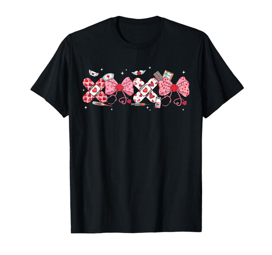 Valentine Nurse XOXO Pink Bow Stethoscope RN PCT CNA Women T-Shirt
