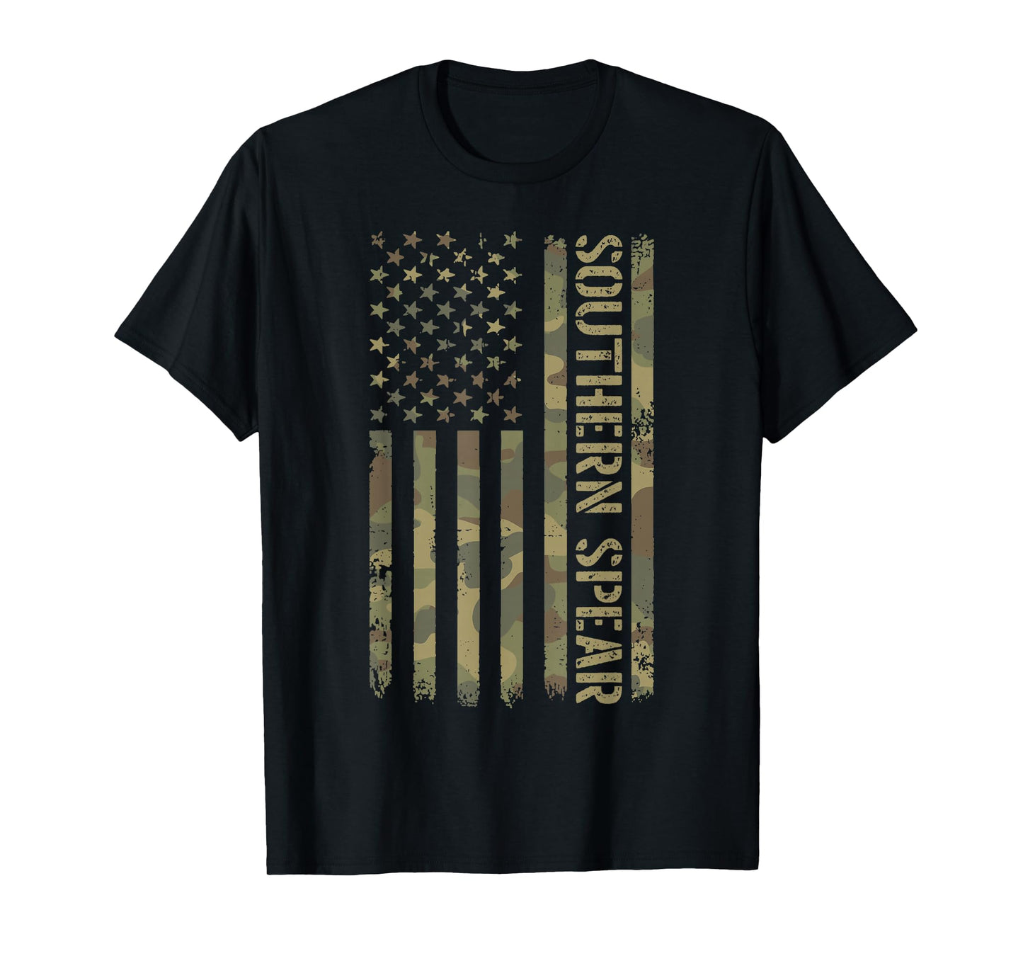 Southern Spear Veterans Distressed Camouflage American Flag T-Shirt