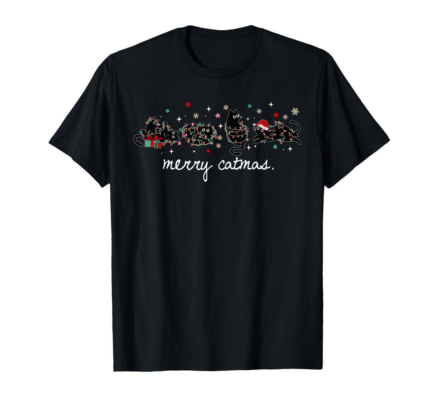 Merry Catmas Funny Christmas Meowy Cute Cats with Santa Hat T-Shirt
