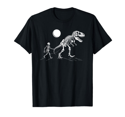 Skeleton Walking Dinosaur Under Full Moon Graphic T-Shirt