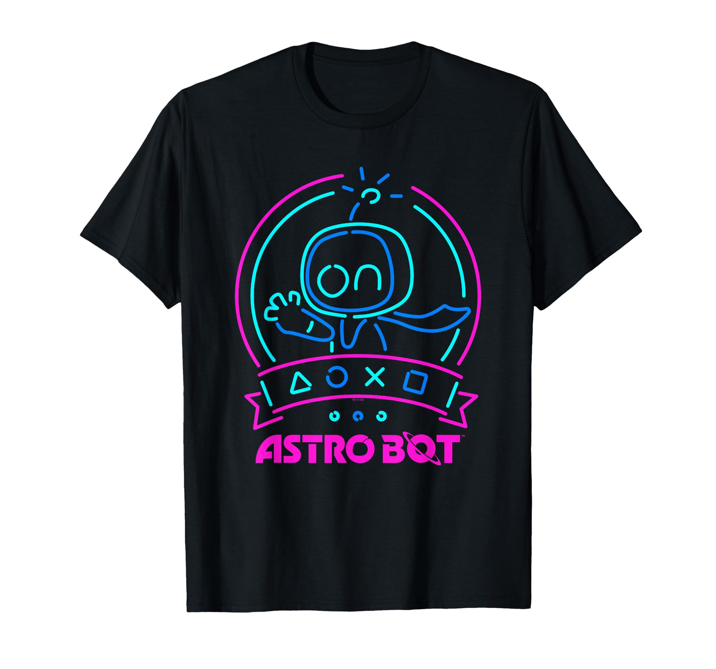 Astro Bot Neon Waving Character with Icons Video Game T-Shirt