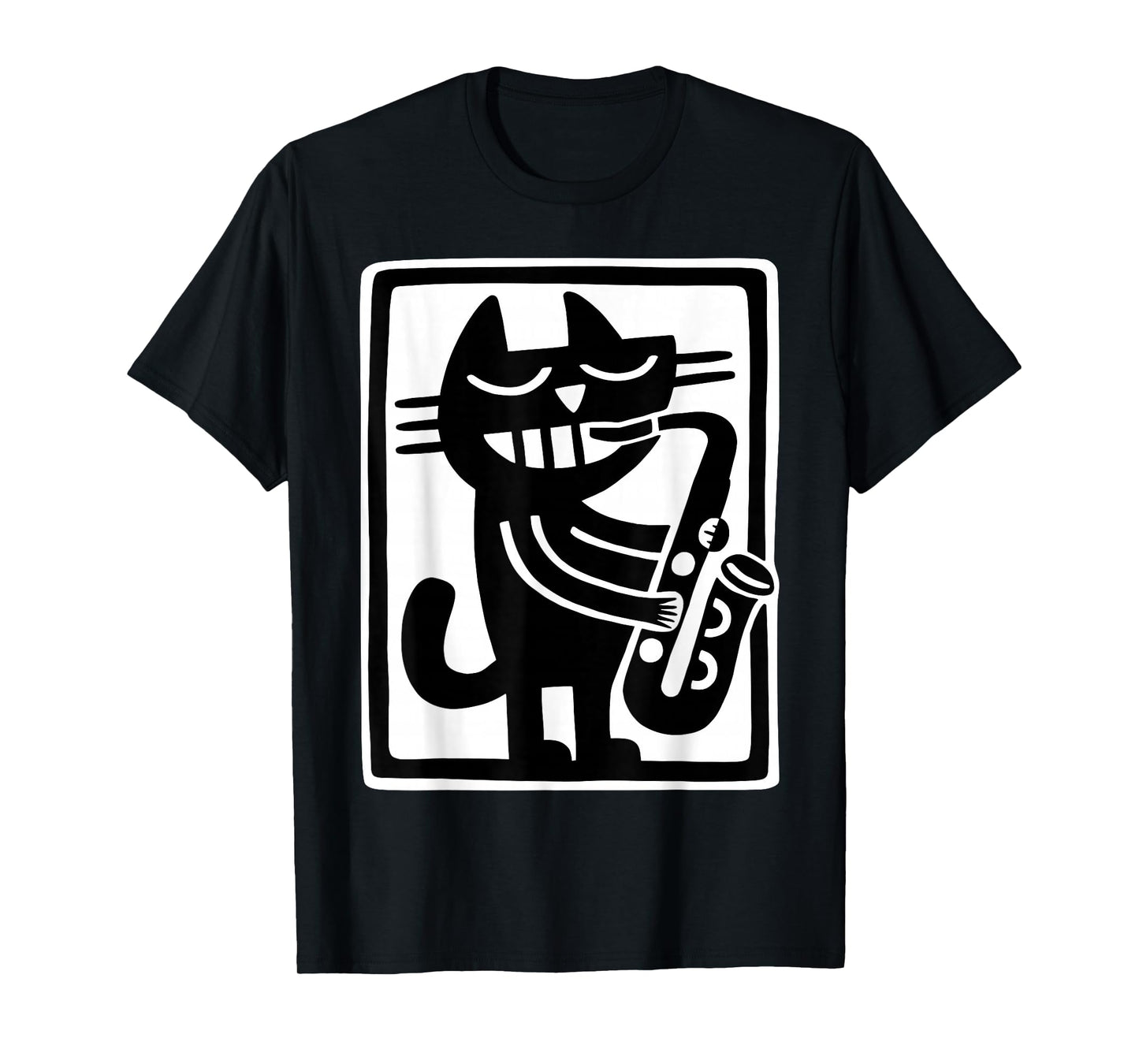 Black Cat Playing Saxophone Jazz Music Retro Art T-Shirt