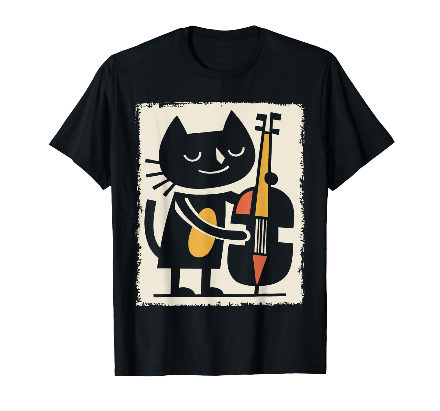 Retro Cat Upright Bass Illustration Jazz Cartoon Art T-Shirt
