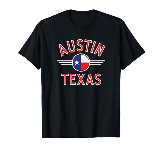 Austin Texas Flag Circle Red Text T-Shirt