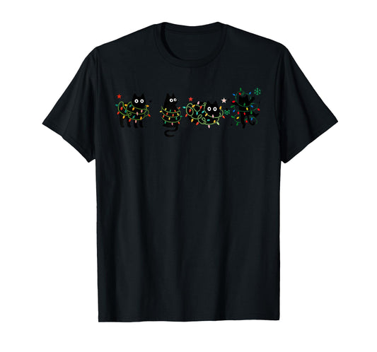 Meowy Christmas Xmas Lights Black Cat Pajamas Family Funny T-Shirt