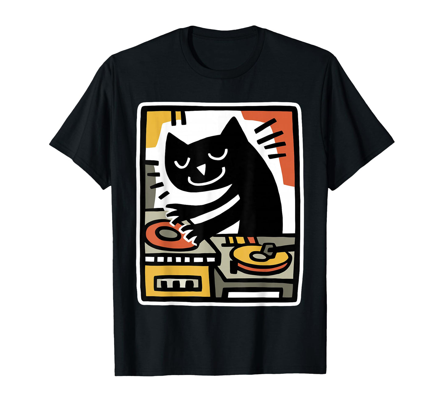 Cool Black Cat DJ Mixing Records Retro Folk Art Illustration T-Shirt