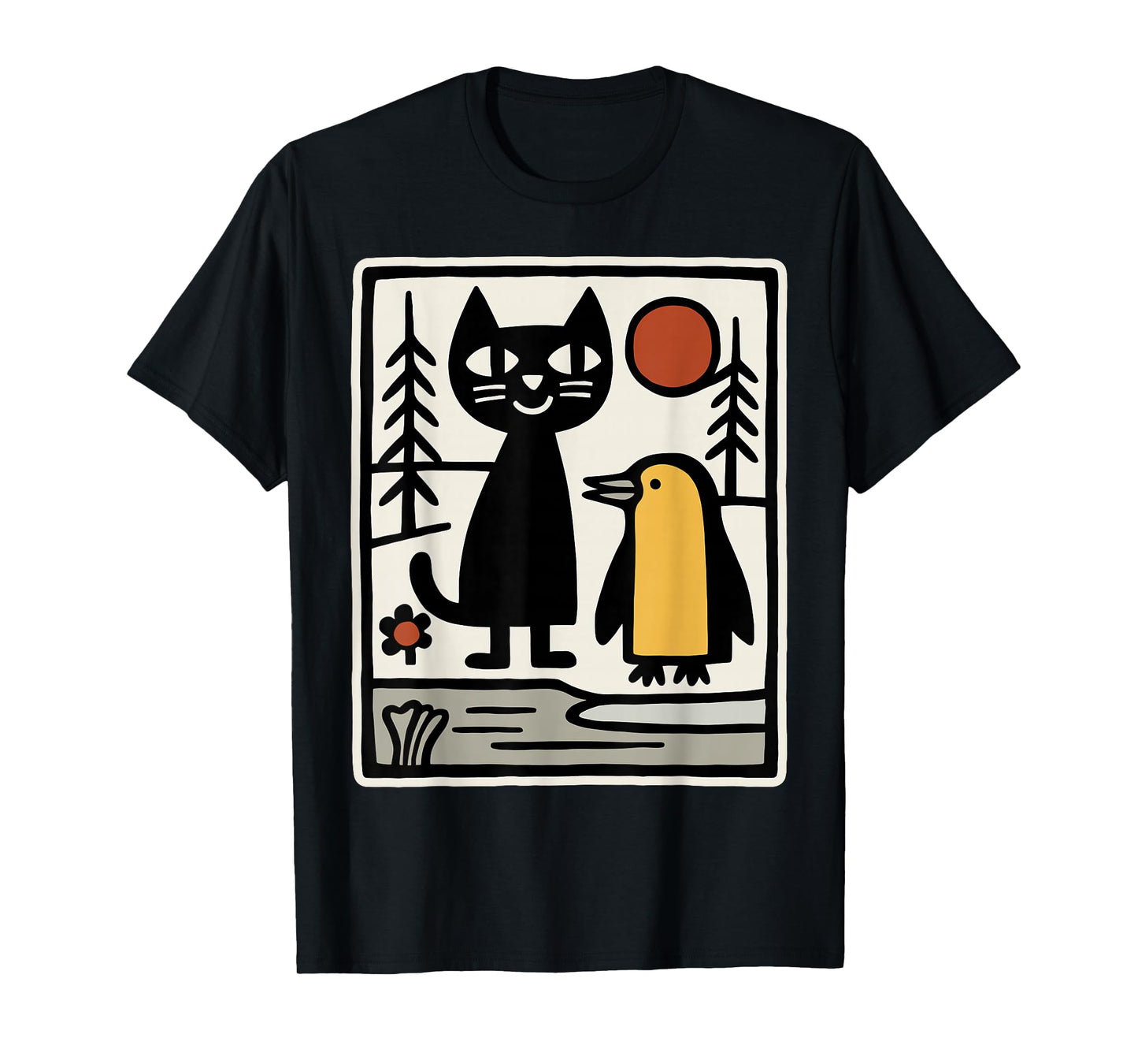 Black Cat and Penguin Winter Animals Cute Snow Scene T-Shirt