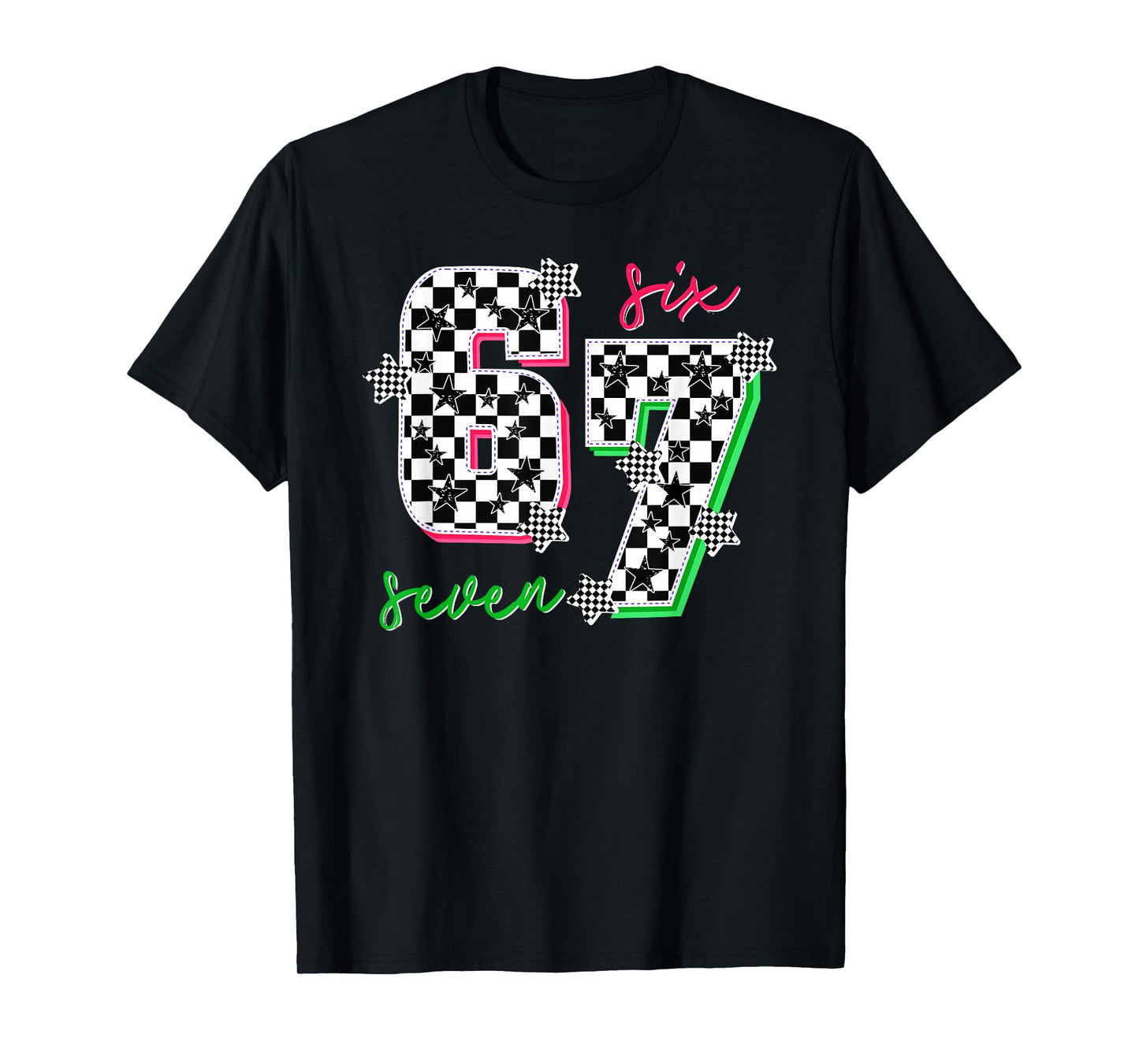 Pink and Green 67 Six Seven Meme Checkered 6 7 Girls Women T-Shirt