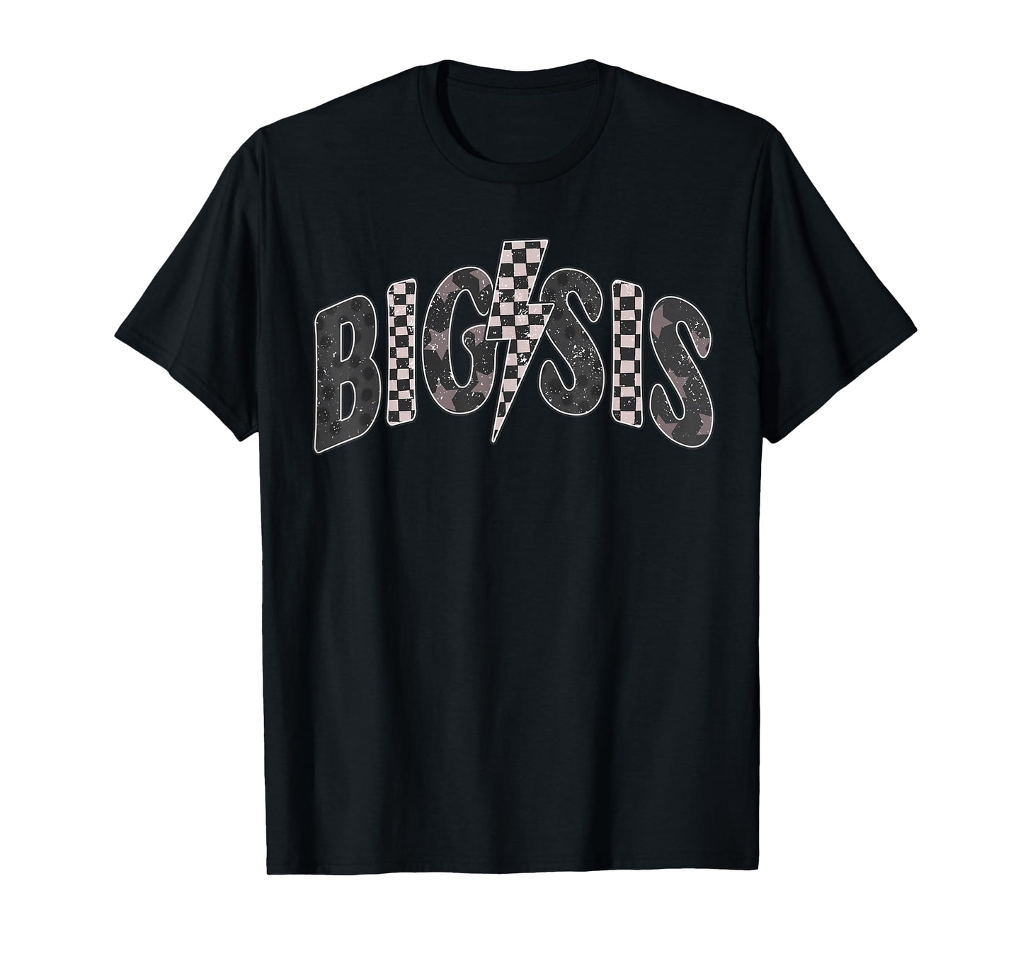 Checkered Big Sis New Sister Announcement Lightning Bolt T-Shirt