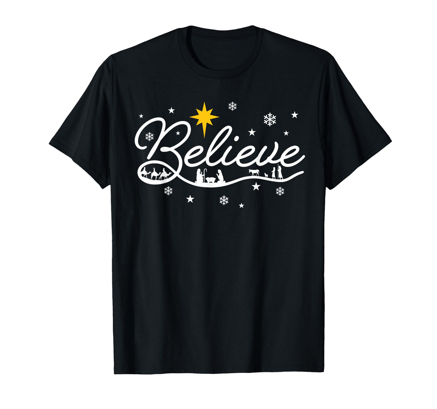 Nativity Scene Believe Christian Family Merry Christmas Xmas T-Shirt