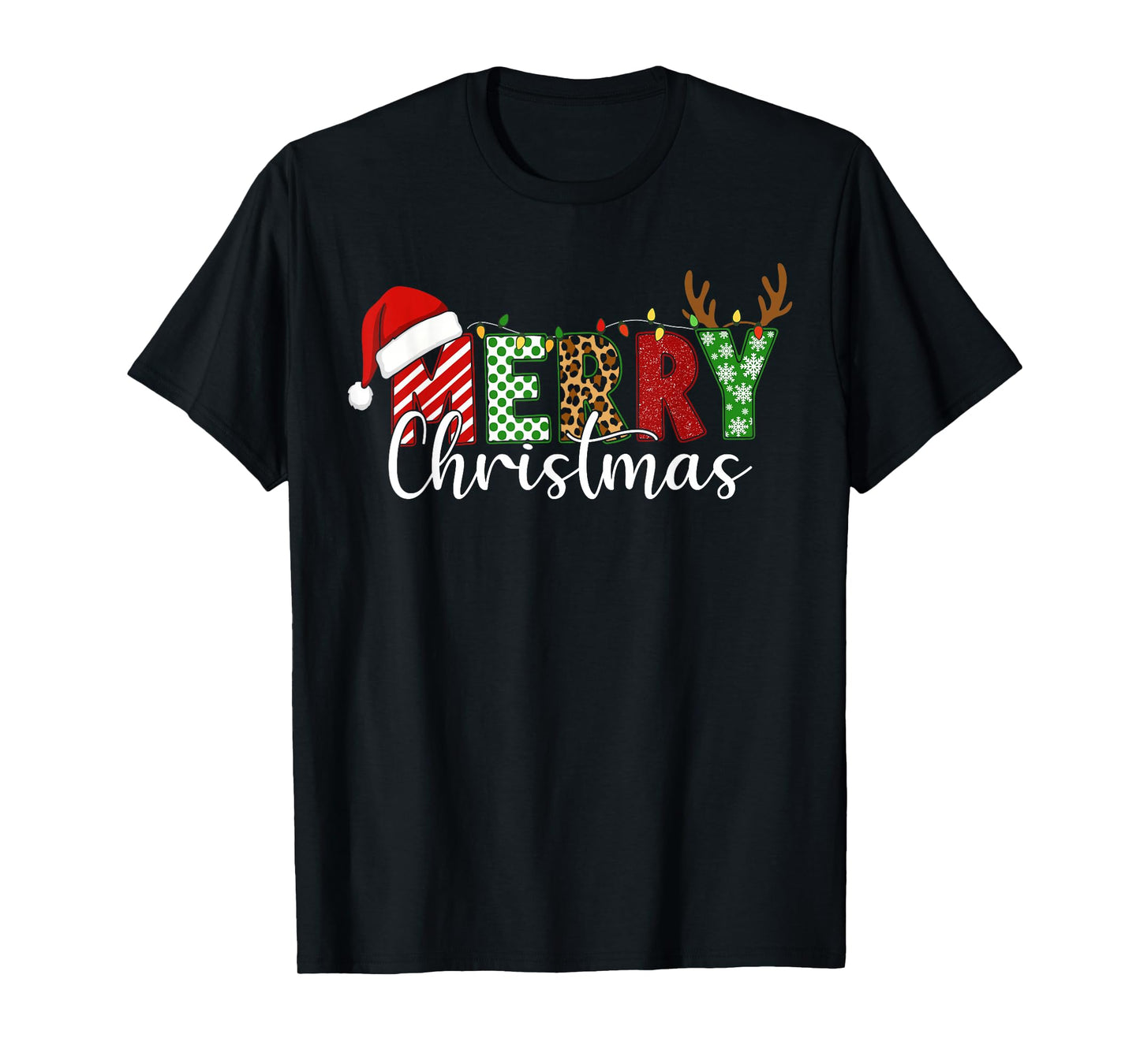 Merry Christmas Lights Red Santa Hat Xmas Family Men Women T-Shirt