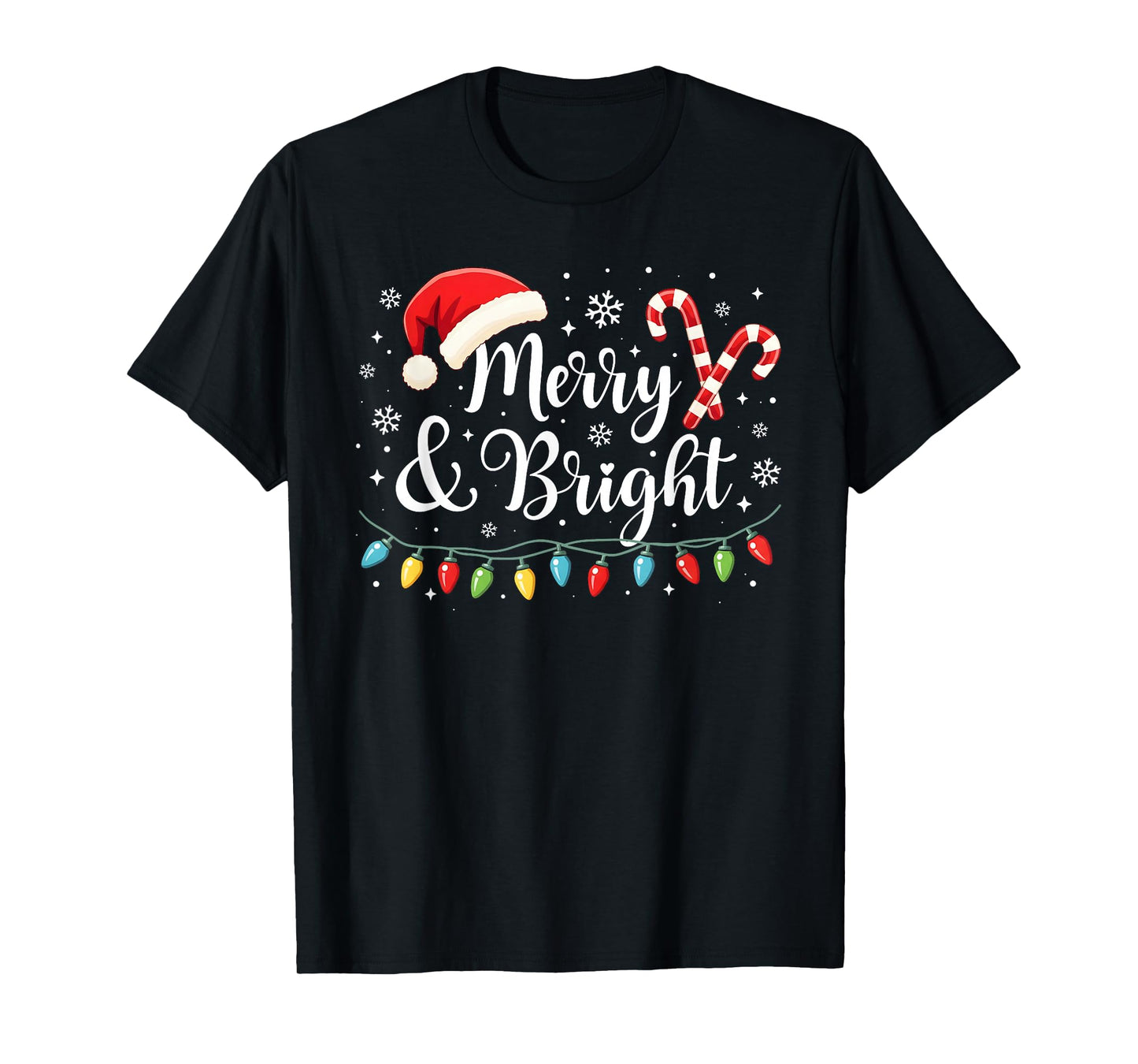 Merry and Bright Lights Red Santa Hat Xmas Family Men Women T-Shirt
